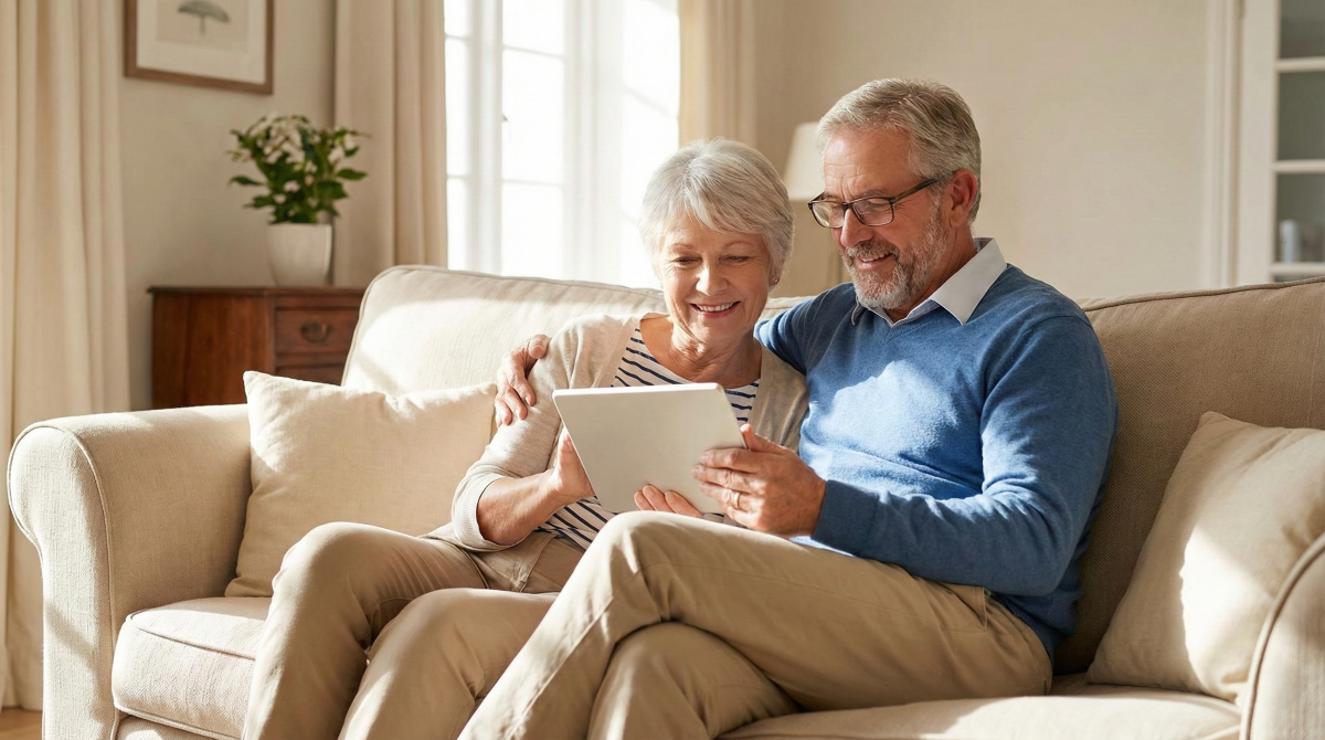 Couple de retraités comparant en ligne les offres de mutuelle santé senior après 55 ans sur une tablette.